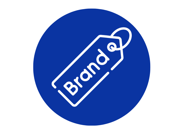 Identität deiner Marke Blaues Rundlogo mit einem Etikett, darauf steht „Brand“.