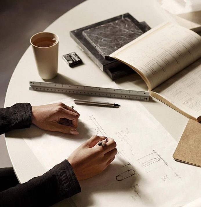 Entwurfsprozess mit Materialien Hände zeichnen auf einem Papier, umgeben von Stiften, einem Lineal und einer Tasse Kaffee.