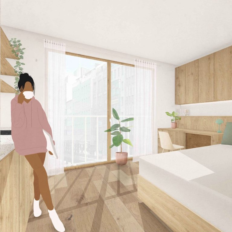 Wohnraumentwicklung in Hamburg: Ein-Zimmer-Wohnung Moderne, helle Wohnung mit Holzelementen, Pflanze und Person.